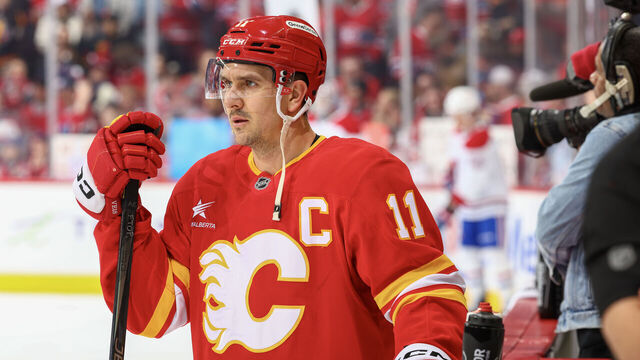 CALGARY, ALBERTA - MARCH 08: Mikeal Backlune #11 of the Calgary Flames skates before the game against the Montreal Canadiens at the Scotiabank Saddledome on March 08, 2025 in Calgary, Alberta.