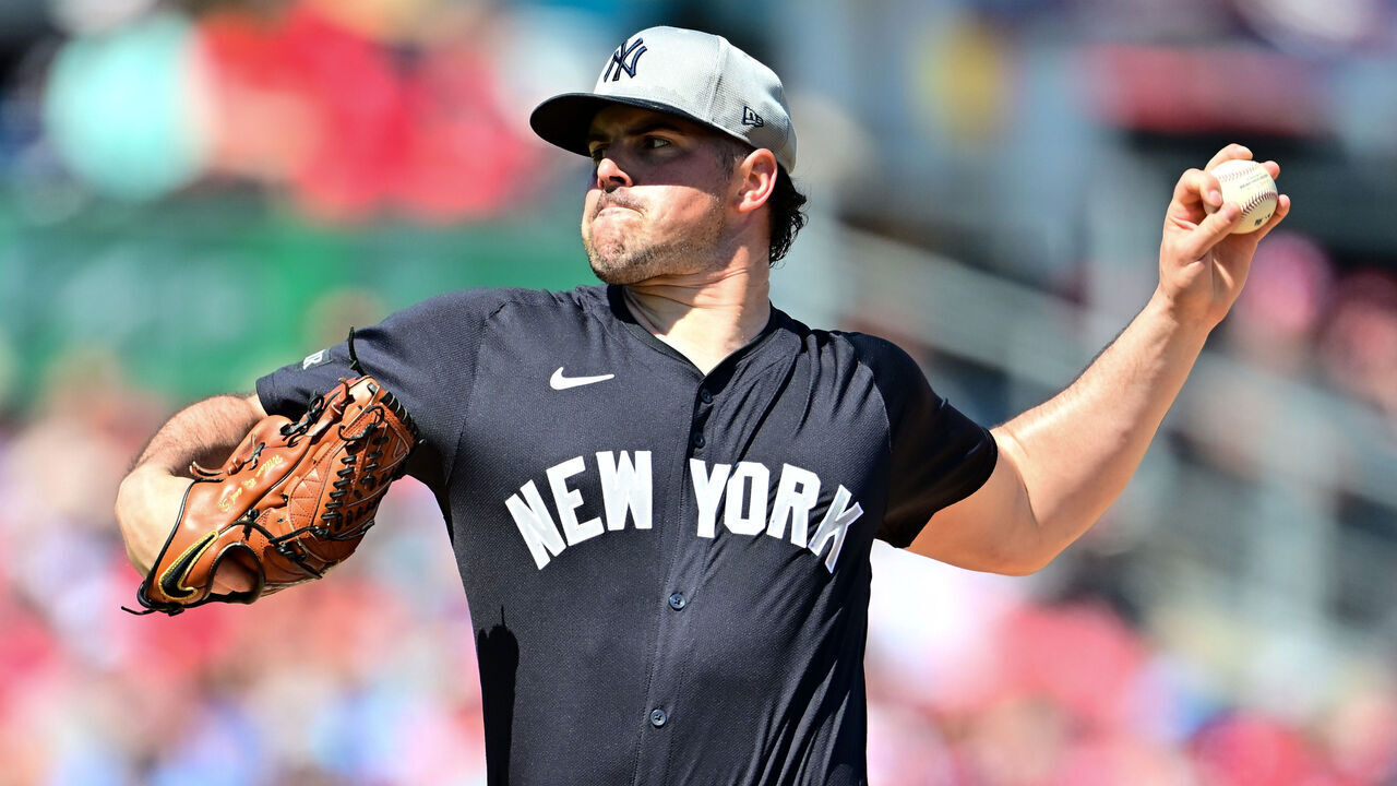 CLEARWATER, FLORIDA - FEBRUARY 27: Carlos Rodón #55 of the New York Yankees delivers a pitch in the first inning against the Philadelphia Phillies during a Grapefruit League spring training game at BayCare Ballpark on February 27, 2025 in Clearwater, Florida.