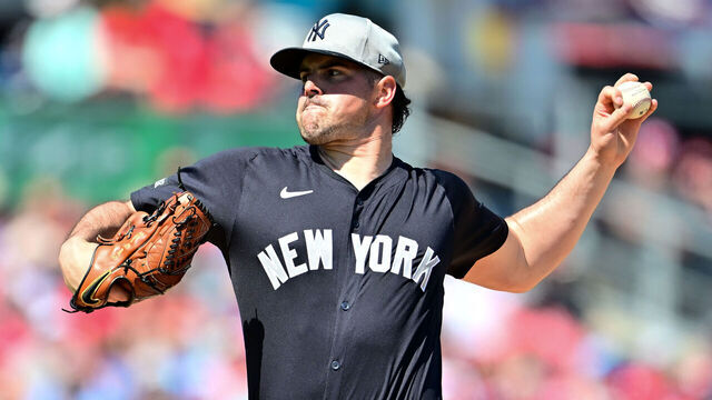 CLEARWATER, FLORIDA - FEBRUARY 27: Carlos Rodón #55 of the New York Yankees delivers a pitch in the first inning against the Philadelphia Phillies during a Grapefruit League spring training game at BayCare Ballpark on February 27, 2025 in Clearwater, Florida.