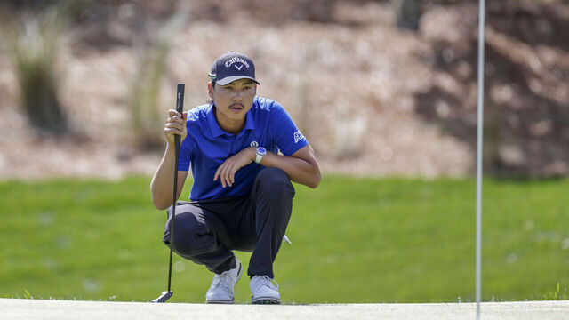 PONTE VEDRA BEACH, FL - MARCH 14: Min Woo Lee of Australia lines up a putt on the eighth hole during the second round of THE PLAYERS Championship on March 14, 2025 at TPC Sawgrass in Ponte Vedra Beach, Fl.
