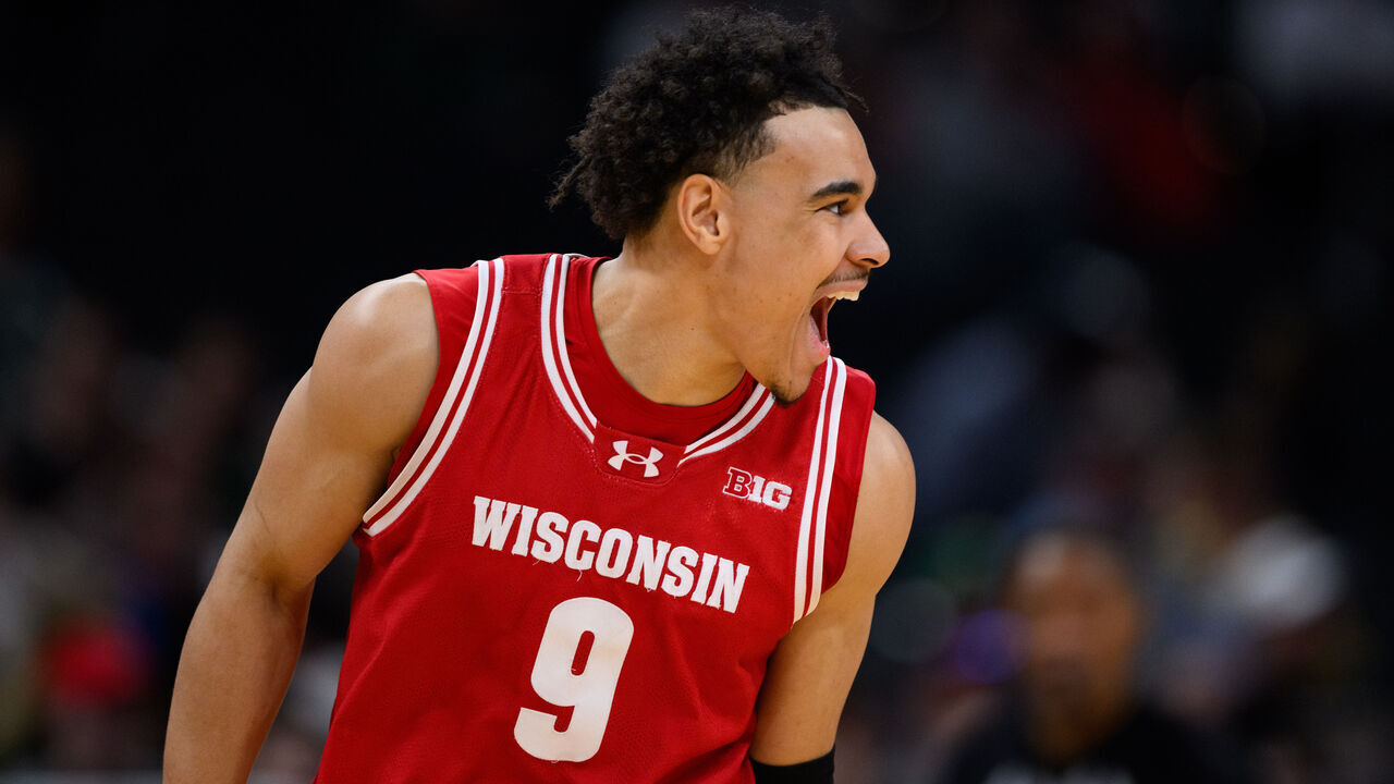 INDIANAPOLIS, IN - MARCH 14: Wisconsin Badgers guard John Tonje (9) celebrates on the court during the men's Big Ten tournament college basketball game between the UCLA Bruins and Wisconsin Badgers on March 14, 2025, at Gainbridge Fieldhouse in Indianapolis, IN.