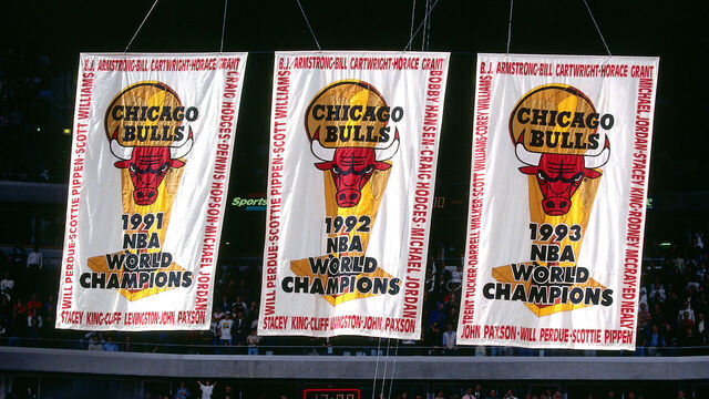 CHICAGO - NOVEMBER 4: The Chicago Bulls NBA World Champion banners hang during a game played on November 4, 1994 at the United Center in Chicago, Illinois. Mandatory Copyright Notice: Copyright 1994 NBAE