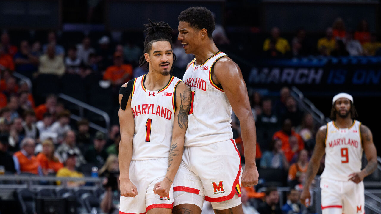 INDIANAPOLIS, IN - MARCH 14: Maryland Terrapins guard Rodney Rice (1) celebrates on the court during the men's Big Ten tournament college basketball game between the Maryland Terrapins and Illinois Fighting Illini on March 14, 2025, at Gainbridge Fieldhouse in Indianapolis, IN.