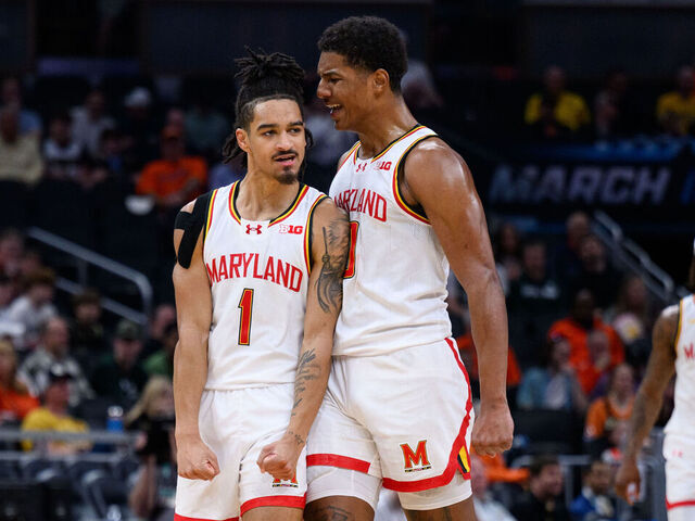 INDIANAPOLIS, IN - MARCH 14: Maryland Terrapins guard Rodney Rice (1) celebrates on the court during the men's Big Ten tournament college basketball game between the Maryland Terrapins and Illinois Fighting Illini on March 14, 2025, at Gainbridge Fieldhouse in Indianapolis, IN.