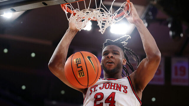 NEW YORK, NEW YORK - MARCH 14: Zuby Ejiofor #24 of the St. John's Red Storm dunks the ball in the second half of a semifinal game against the Marquette Golden Eagles during the Big East Men's Basketball Tournament at Madison Square Garden on March 14, 2025 in New York City. The Red Storm won 79-63.