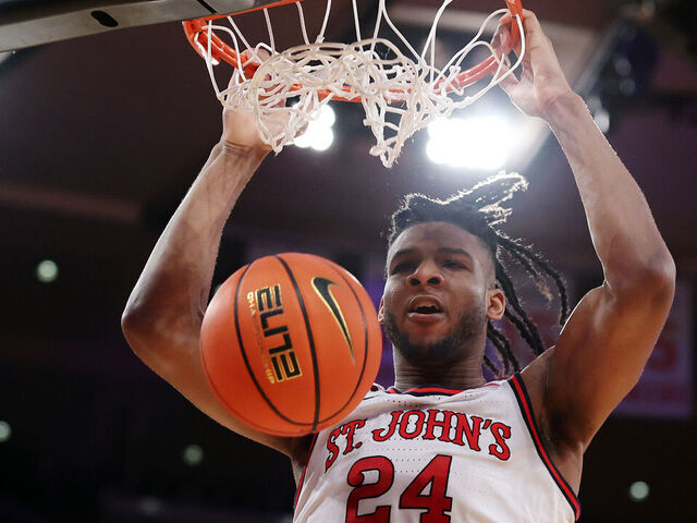 NEW YORK, NEW YORK - MARCH 14: Zuby Ejiofor #24 of the St. John's Red Storm dunks the ball in the second half of a semifinal game against the Marquette Golden Eagles during the Big East Men's Basketball Tournament at Madison Square Garden on March 14, 2025 in New York City. The Red Storm won 79-63.