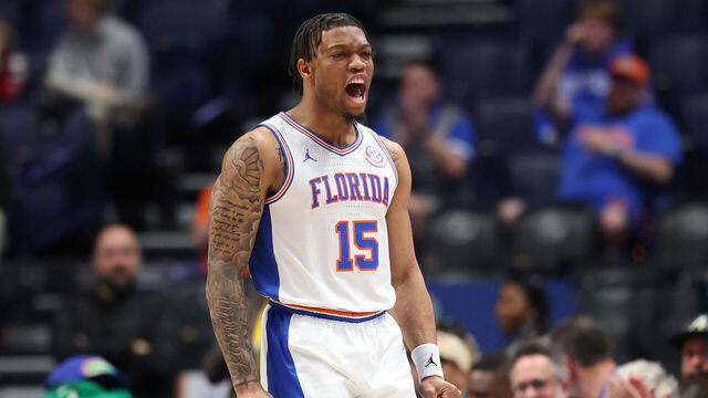NASHVILLE, TENNESSEE - MARCH 14: Alijah Martin #15 of the Florida Gators celebrates in the game against the Missouri Tigers during the SEC Men's Basketball Tournament - Quarterfinals at Bridgestone Arena on March 14, 2025 in Nashville, Tennessee. at Bridgestone Arena on March 14, 2025 in Nashville, Tennessee.