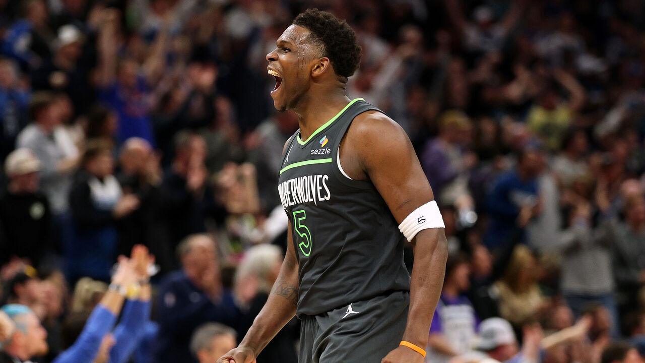 MINNEAPOLIS, MINNESOTA - MARCH 14: Anthony Edwards #5 of the Minnesota Timberwolves celebrates against the Orlando Magic in the fourth quarter at Target Center on March 14, 2025 in Minneapolis, Minnesota. The Timberwolves defeated the Magic 118-111.