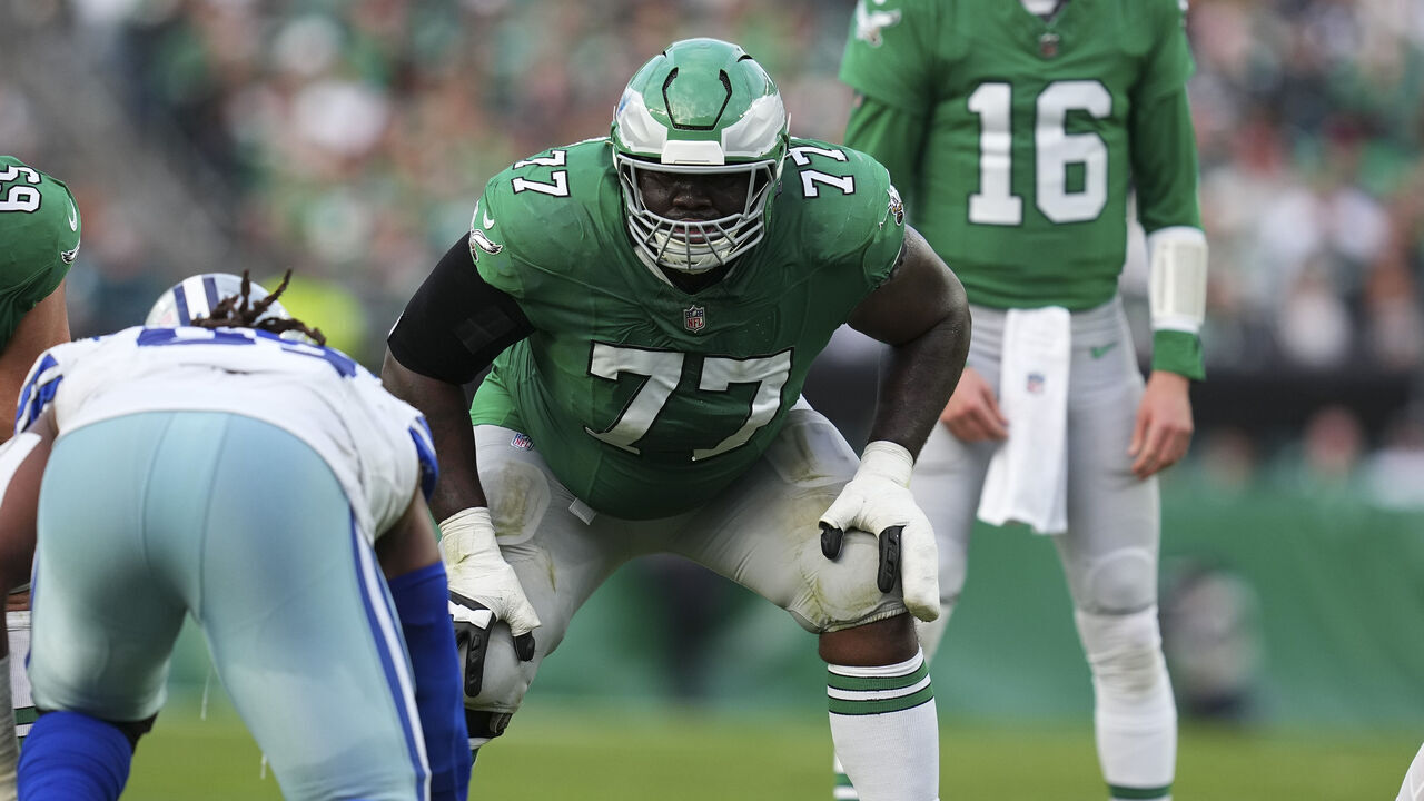 PHILADELPHIA, PENNSYLVANIA - DECEMBER 29: Mekhi Becton #77 of the Philadelphia Eagles looks on against the Dallas Cowboys at Lincoln Financial Field on December 29, 2024 in Philadelphia, Pennsylvania.