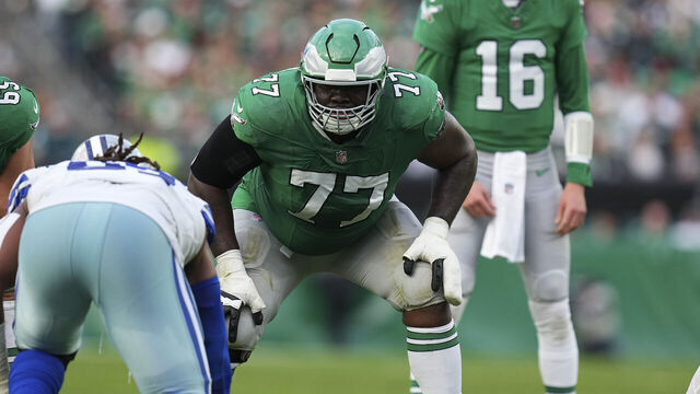 PHILADELPHIA, PENNSYLVANIA - DECEMBER 29: Mekhi Becton #77 of the Philadelphia Eagles looks on against the Dallas Cowboys at Lincoln Financial Field on December 29, 2024 in Philadelphia, Pennsylvania.