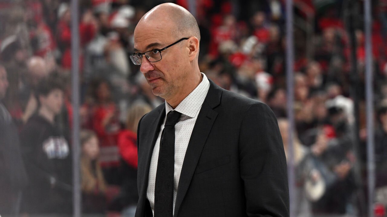 RALEIGH, NC - MARCH 02: Calgary Flames head coach Ryan Huska leaves the ice after the NHL game between the Calgary Flames and the Carolina Hurricanes on March 2, 2025 at Lenovo Center in Raleigh, North Carolina.