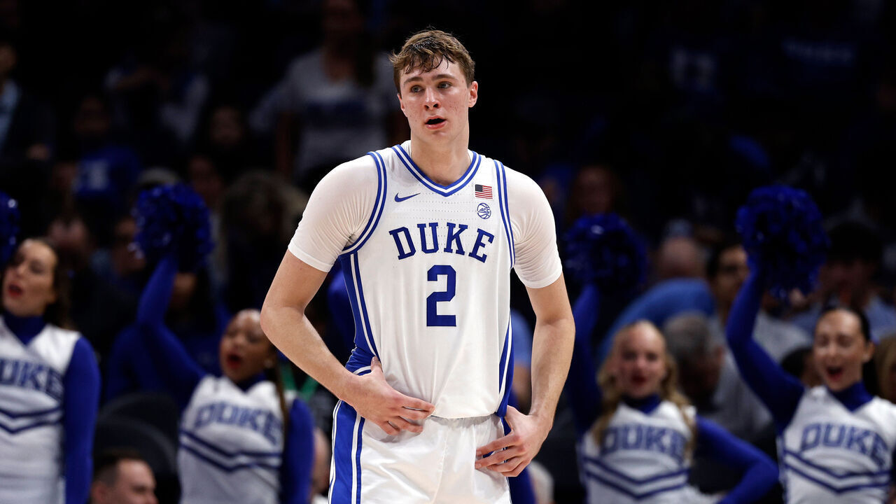 CHARLOTTE, NORTH CAROLINA - MARCH 13: Cooper Flagg #2 of the Duke Blue Devils looks on during the first half against the Georgia Tech Yellow Jackets in a quarterfinal game of the ACC men's basketball tournament at Spectrum Center on March 13, 2025 in Charlotte, North Carolina.