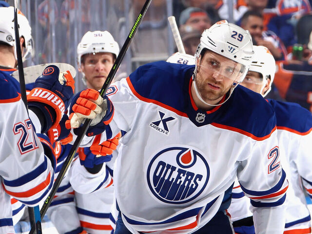 ELMONT, NEW YORK - MARCH 14: Leon Draisaitl #29 of the Edmonton Oilers celebrates his second period goal against the New York Islanders at UBS Arena on March 14, 2025 in Elmont, New York.