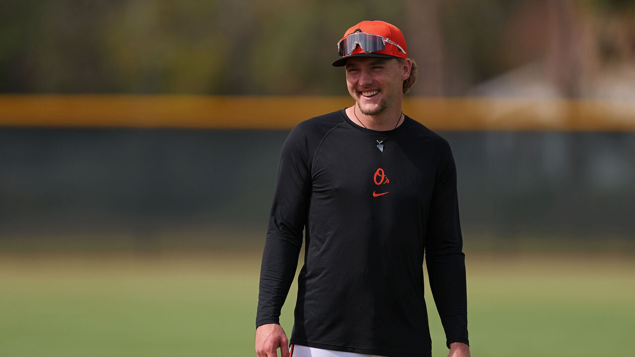 SARASOTA, FLORIDA - FEBRUARY 20: Gunnar Henderson #2 of the Baltimore Orioles reacts during a Spring Training workout at Ed Smith Stadium on February 20, 2025 in Sarasota, Florida.
