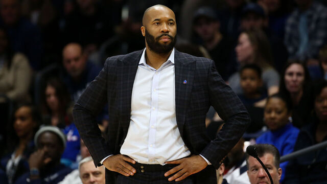 VILLANOVA, PENNSYLVANIA - MARCH 1: Head coach Kyle Neptune of the Villanova Wildcats stands on the court during the first half against the Butler Bulldogs at Finneran Pavilion on March 1, 2025 in Villanova, Pennsylvania.