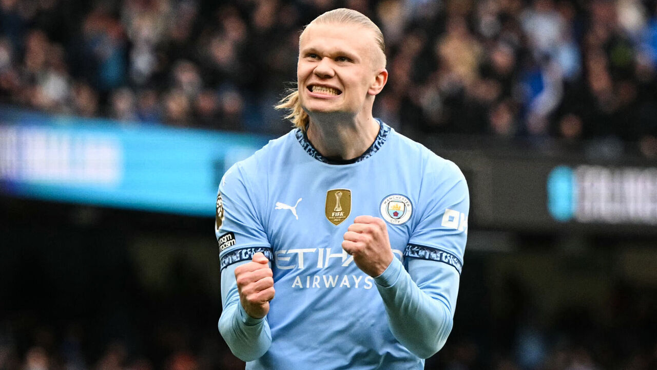 Manchester City's Norwegian striker #09 Erling Haaland celebrates after scoring his team first goal during the English Premier League football match between Manchester City and Brighton and Hove Albion at the Etihad Stadium in Manchester, north west England, on March 15, 2025.