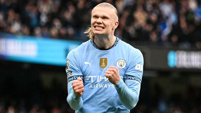 Manchester City's Norwegian striker #09 Erling Haaland celebrates after scoring his team first goal during the English Premier League football match between Manchester City and Brighton and Hove Albion at the Etihad Stadium in Manchester, north west England, on March 15, 2025.