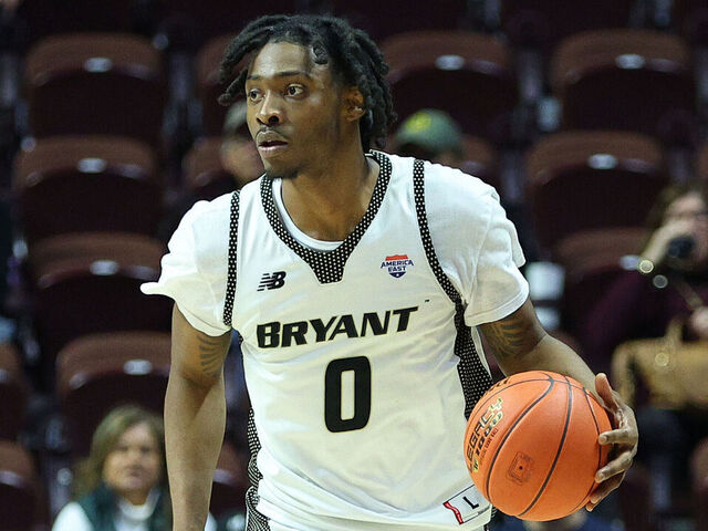 UNCASVILLE, CT - DECEMBER 14: Bryant University Bulldogs guard Earl Timberlake (0) with the ball during the 2024 college Basketball Hall of Fame Showcase game between Fordham Rams and Bryant Bulldogs on December 14, 2024, at Mohegan Sun Arena in Uncasville, CT.