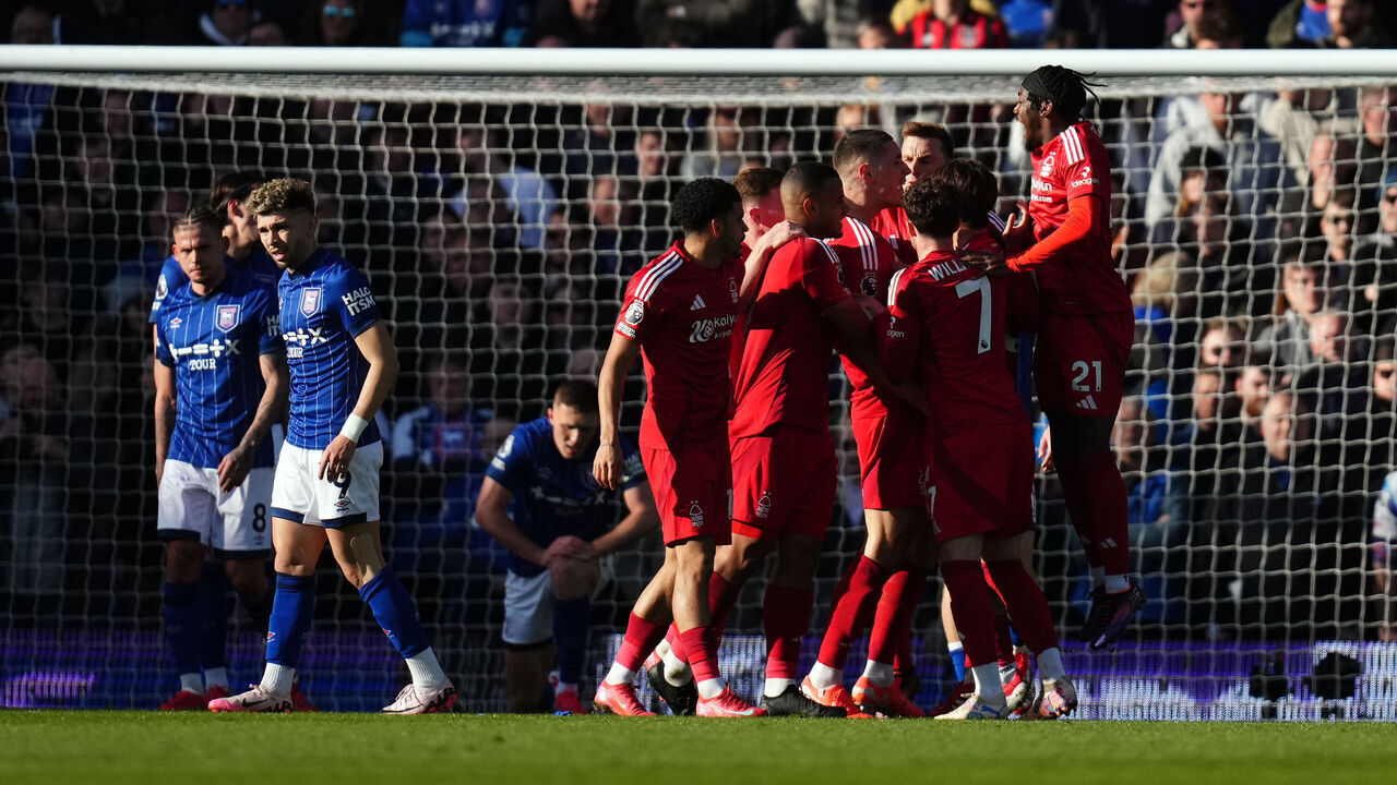 Nottingham Forest's Nikola Milenkovic celebrates scoring their side's first goal of the game with team-mates during the Premier League match at Portman Road, Ipswich. Picture date: Saturday March 15, 2025.