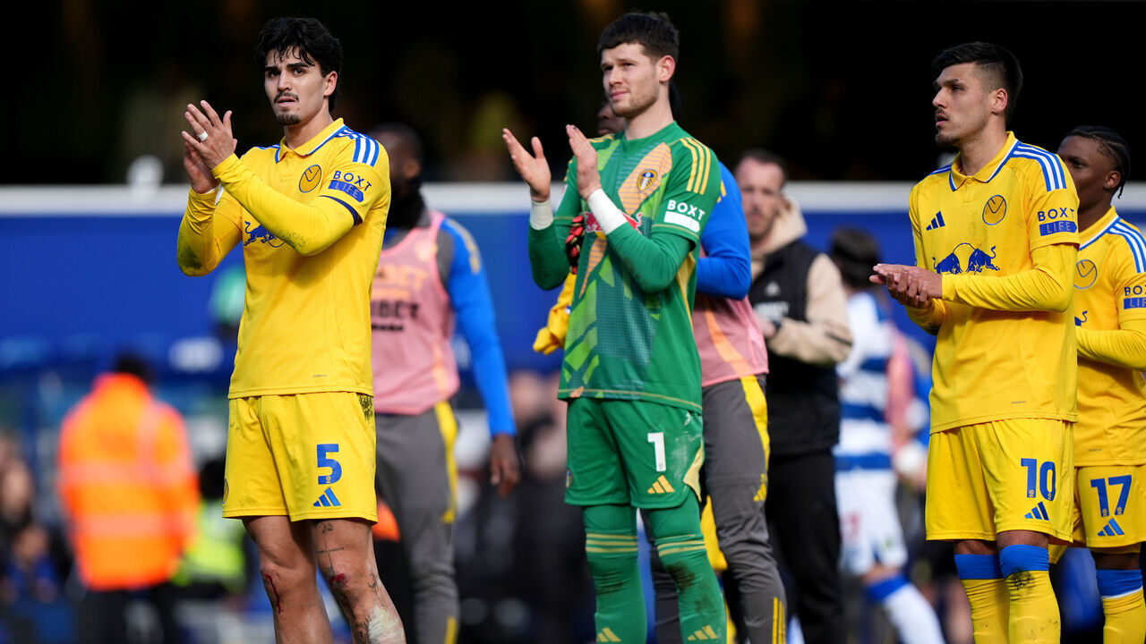 Leeds United's Pascal Struijk (left), goalkeeper Illan Meslier (centre) and Joel Piroe (right) applaud the fans after the Sky Bet Championship match at MATRADE Loftus Road Stadium, London. Picture date: Saturday March 15, 2025.