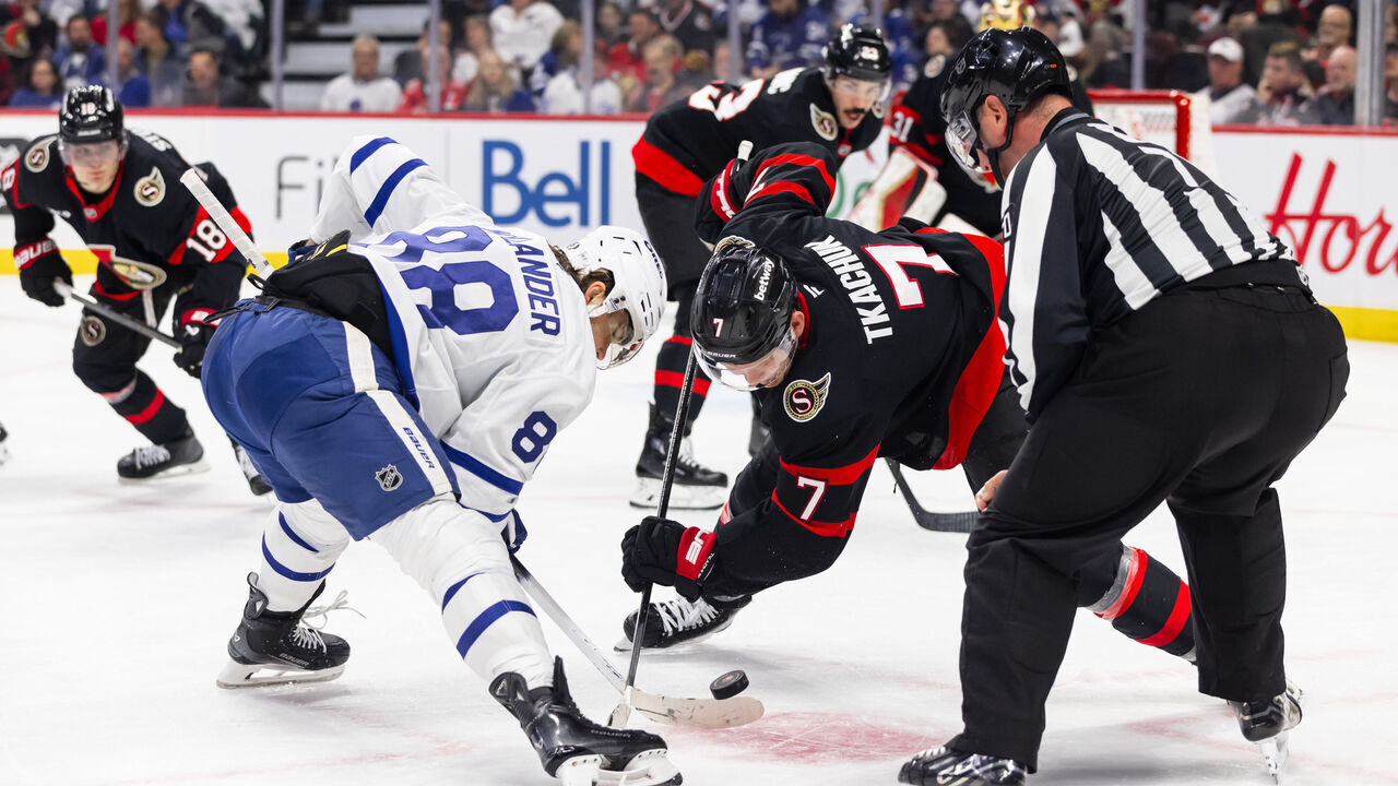 OTTAWA, ON - JANUARY 25: Toronto Maple Leafs right wing William Nylander (88) and Ottawa Senators Left Wing Brady Tkachuk (7) battle on a face-off during second period National Hockey League action between the Toronto Maple Leafs and Ottawa Senators on January 25, 2025, at Canadian Tire Centre in Ottawa, ON, Canada.