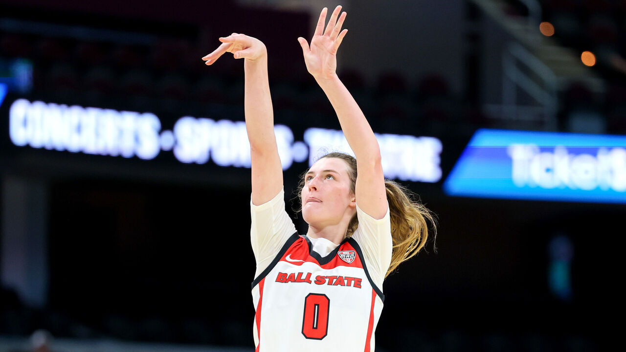 CLEVELAND, OH - MARCH 13: Ball State Cardinals forward Alex Richard (20) shoots during the fourth quarter of the MAC Women's Basketball Tournament Quarterfinal game between the Ball State Cardinals and Ohio Bobcats on March 13, 2024, at Rocket Mortgage FieldHouse in Cleveland, OH.