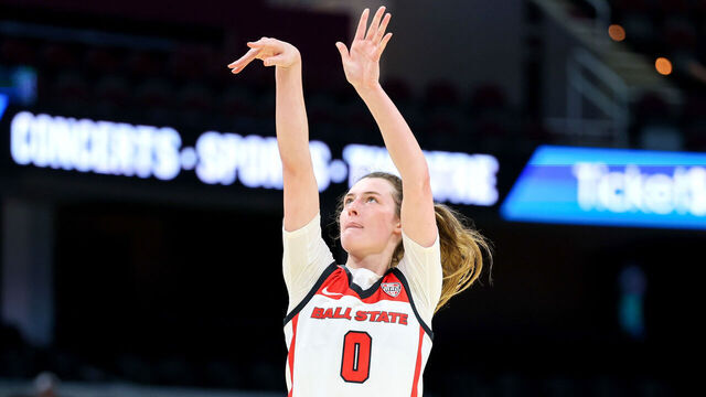 CLEVELAND, OH - MARCH 13: Ball State Cardinals forward Alex Richard (20) shoots during the fourth quarter of the MAC Women's Basketball Tournament Quarterfinal game between the Ball State Cardinals and Ohio Bobcats on March 13, 2024, at Rocket Mortgage FieldHouse in Cleveland, OH.