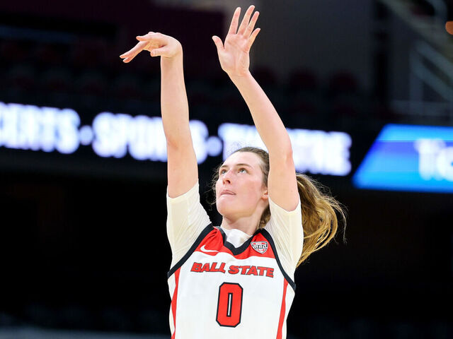 CLEVELAND, OH - MARCH 13: Ball State Cardinals forward Alex Richard (20) shoots during the fourth quarter of the MAC Women's Basketball Tournament Quarterfinal game between the Ball State Cardinals and Ohio Bobcats on March 13, 2024, at Rocket Mortgage FieldHouse in Cleveland, OH.