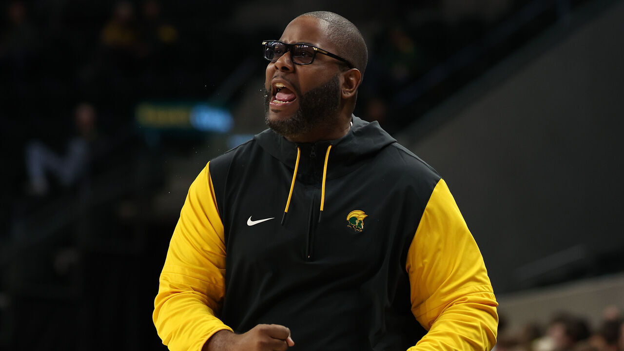 WACO, TEXAS - DECEMBER 11: Head coach Robert Jones of the Norfolk State Spartans gives instructions to his team during the first half against the Baylor Bears at Foster Pavilion on December 11, 2024 in Waco, Texas.