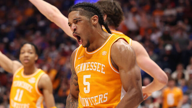 NASHVILLE, TENNESSEE - MARCH 15: Zakai Zeigler #5 of the Tennessee Volunteers celebrates in the game against the Auburn Tigers during the SEC Men's Basketball Tournament - Semifinals at Bridgestone Arena on March 15, 2025 in Nashville, Tennessee.