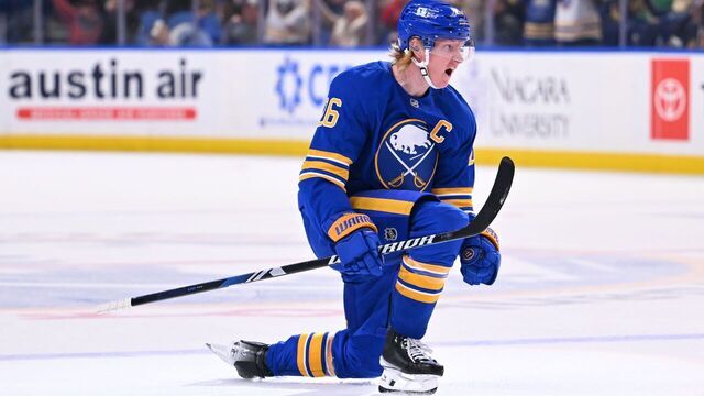 BUFFALO, NEW YORK - MARCH 15: Rasmus Dahlin #26 of the Buffalo Sabres reacts after scoring the tying third period goal during an NHL game against the Vegas Golden Knights on March 15, 2025 at KeyBank Center in Buffalo, New York. Buffalo won, 4-3 in a shootout.