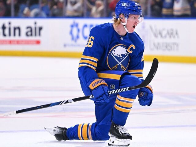 BUFFALO, NEW YORK - MARCH 15: Rasmus Dahlin #26 of the Buffalo Sabres reacts after scoring the tying third period goal during an NHL game against the Vegas Golden Knights on March 15, 2025 at KeyBank Center in Buffalo, New York. Buffalo won, 4-3 in a shootout.