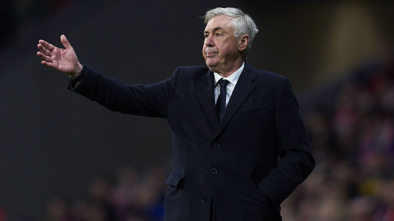 MADRID, SPAIN - MARCH 12: Carlos Ancelotti head coach of Real Madrid CF reacts during the UEFA Champions League 2024/25 UEFA Champions League 2024/25 Round of 16 second leg match between Atletico de Madrid and Real Madrid C.F. at Estadio Wanda Metropolitano on March 12, 2025 in Madrid, Spain.