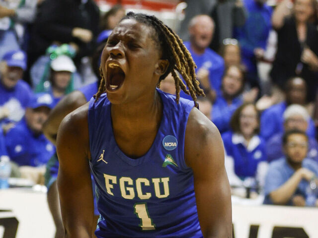 BLOOMINGTON, INDIANA, UNITED STATES - 2024/03/23: Florida Gulf Coast Eagles guard Emani Jefferson (1) reacts after drawing a foul against Oklahoma University during an NCAA women's basketball tournament game at Simon Skjodt Assembly Hall. OU beat FGCU 73-70.