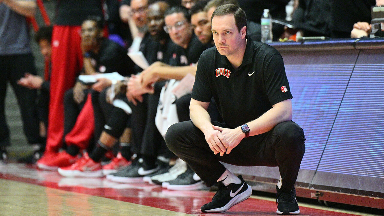 ALBUQUERQUE, NEW MEXICO - MARCH 07: Head coach Kevin Kruger of the UNLV Rebels looks on during the second half of a game against the New Mexico Lobos at The Pit on March 07, 2025 in Albuquerque, New Mexico. The Lobos defeated the Rebels 81-67 to secure an outright regular season title, the team's first regular season title since 2013.
