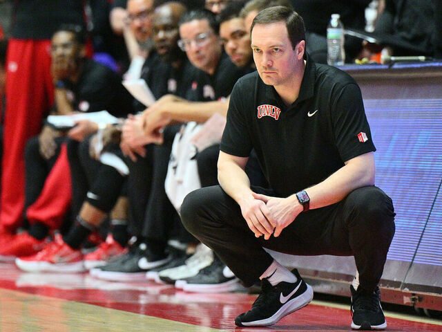 ALBUQUERQUE, NEW MEXICO - MARCH 07: Head coach Kevin Kruger of the UNLV Rebels looks on during the second half of a game against the New Mexico Lobos at The Pit on March 07, 2025 in Albuquerque, New Mexico. The Lobos defeated the Rebels 81-67 to secure an outright regular season title, the team's first regular season title since 2013.