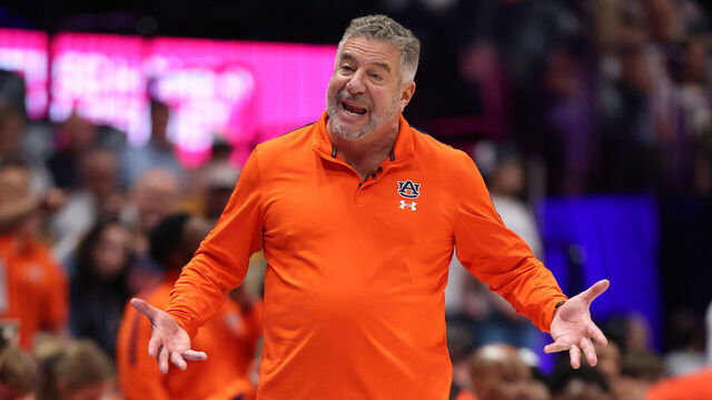 NASHVILLE, TENNESSEE - MARCH 14: Bruce Pearl the head coach of the Auburn Tigers gives instructions to his team against the Ole Miss Rebels during the SEC Men's Basketball Tournament - Quarterfinals at Bridgestone Arena on March 14, 2025 in Nashville, Tennessee.