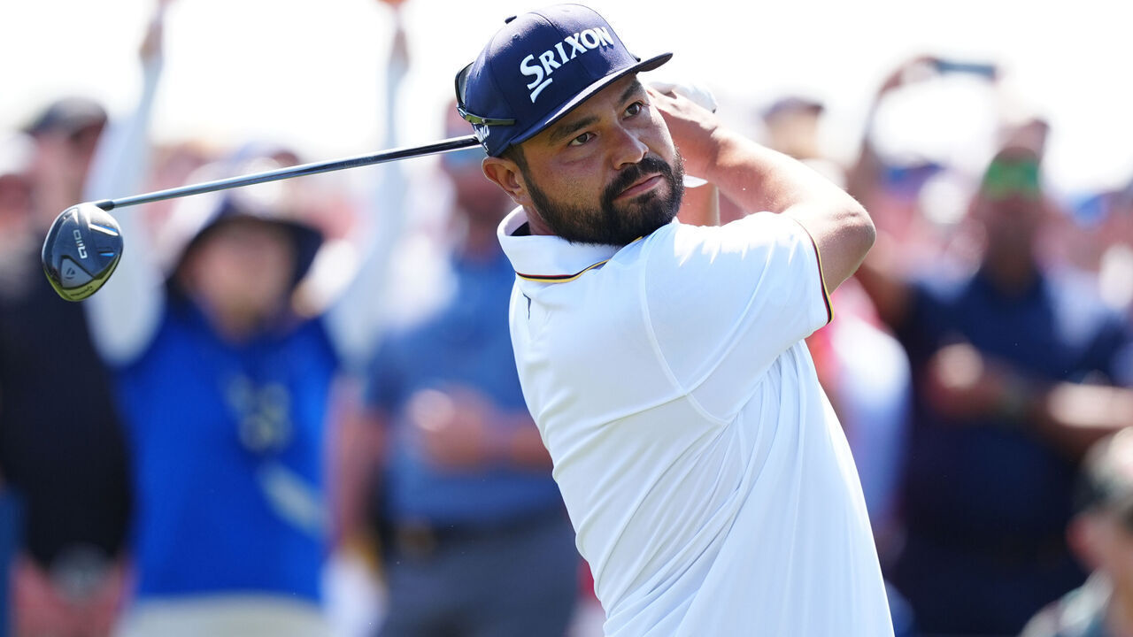 PONTE VEDRA BEACH, FL - MARCH 15: PGA golfer J.J. Spaun plays his tee shot on the first hole during the third round of The Players Championship at the Stadium Course at TPC Sawgrass on March 15, 2025, at Ponte Verde Beach, Florida.