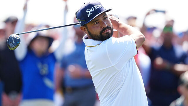 PONTE VEDRA BEACH, FL - MARCH 15: PGA golfer J.J. Spaun plays his tee shot on the first hole during the third round of The Players Championship at the Stadium Course at TPC Sawgrass on March 15, 2025, at Ponte Verde Beach, Florida.