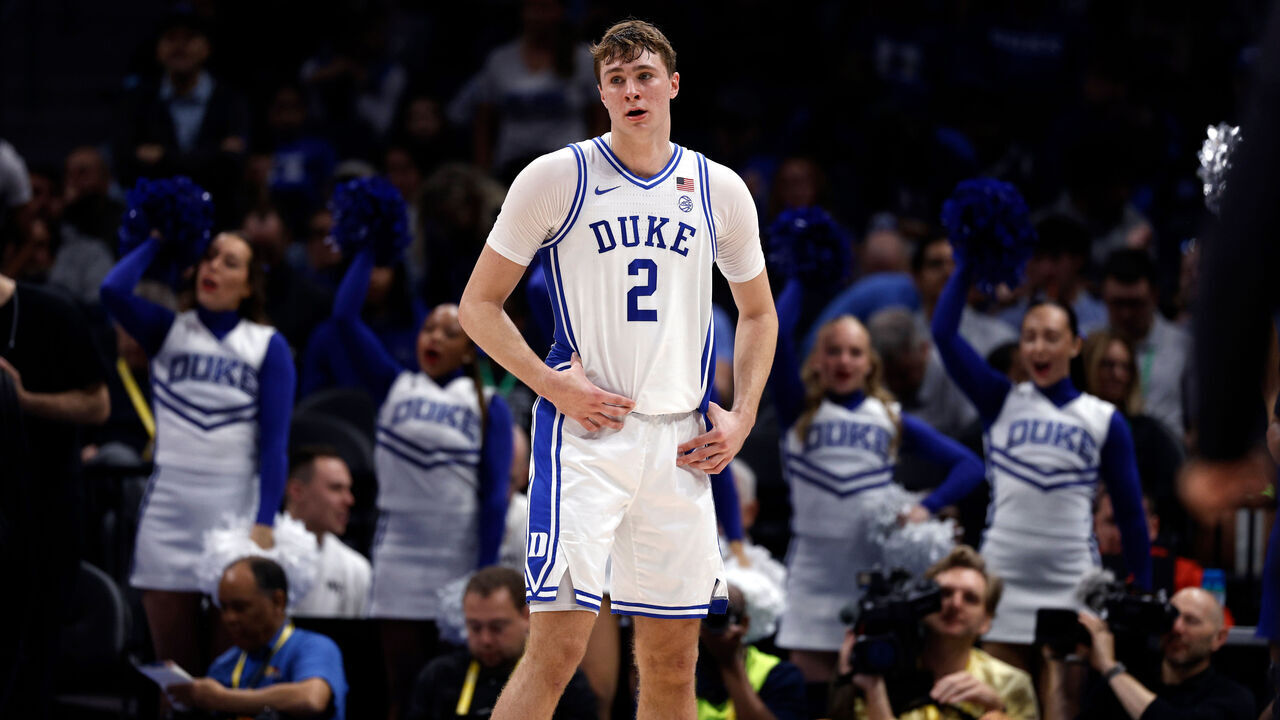 CHARLOTTE, NORTH CAROLINA - MARCH 13: Cooper Flagg #2 of the Duke Blue Devils looks on during the first half against the Georgia Tech Yellow Jackets in a quarterfinal game of the ACC men's basketball tournament at Spectrum Center on March 13, 2025 in Charlotte, North Carolina.