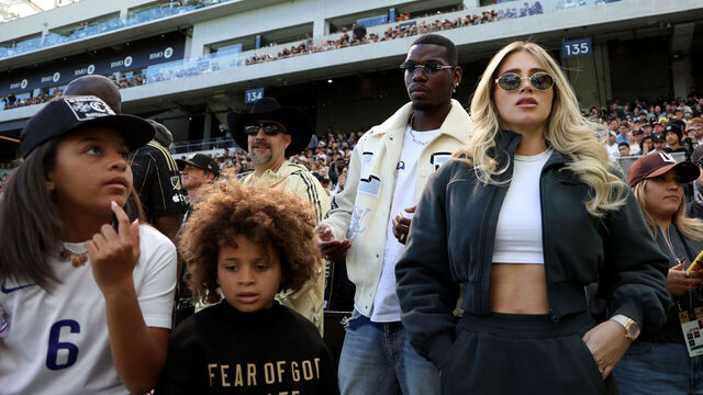 LOS ANGELES, CALIFORNIA - MARCH 15: Paul Pogba and family on the sidelines during a 1-0 Austin FC win over the Los Angeles FC at BMO Stadium on March 15, 2025 in Los Angeles, California.