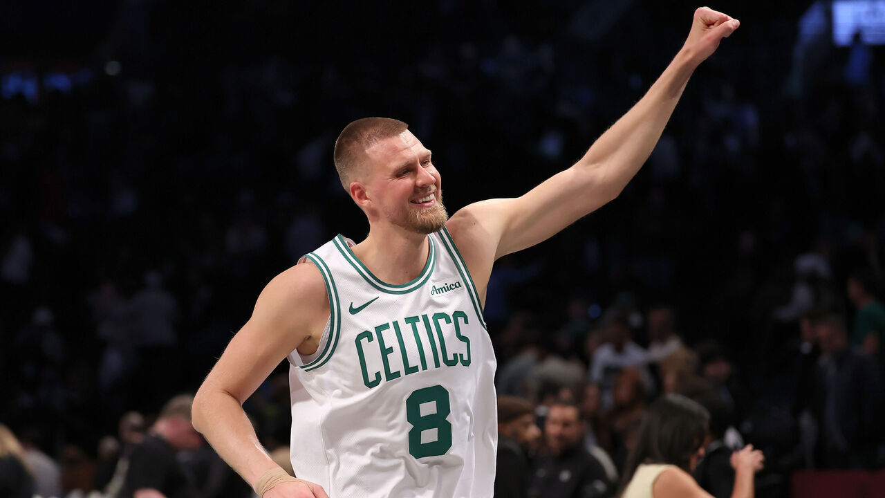 NEW YORK, NEW YORK - MARCH 15: Kristaps Porzingis #8 of the Boston Celtics celebrates the win after the game against the Brooklyn Nets at Barclays Center on March 15, 2025 in the Brooklyn borough of New York City. The Boston Celtics defeated the Brooklyn Nets 115-113.