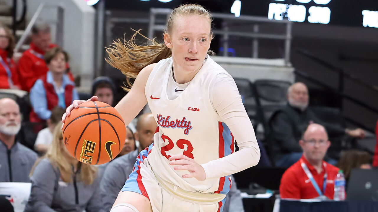HUNTSVILLE, AL - MARCH 13: Liberty Lady Flames guard Emma Hess (23) during the quarterfinal game of the 2024 Conference USA Women's Basketball Championship between the Liberty Lady Flames and the Western Kentucky Lady Toppers on March 13, 2024 at Propst Arena in Huntsville, Alabama.