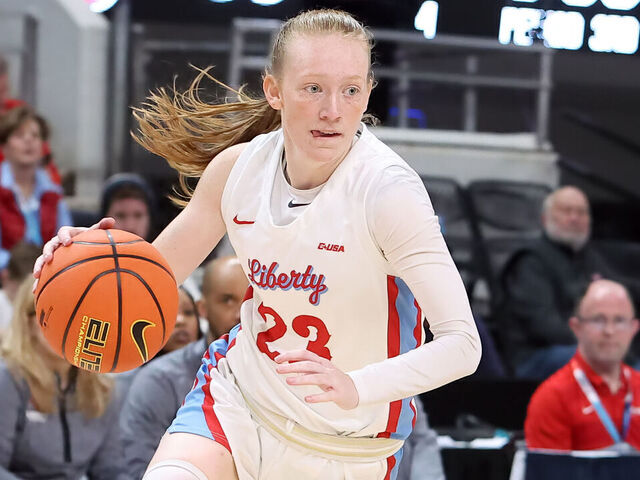 HUNTSVILLE, AL - MARCH 13: Liberty Lady Flames guard Emma Hess (23) during the quarterfinal game of the 2024 Conference USA Women's Basketball Championship between the Liberty Lady Flames and the Western Kentucky Lady Toppers on March 13, 2024 at Propst Arena in Huntsville, Alabama.