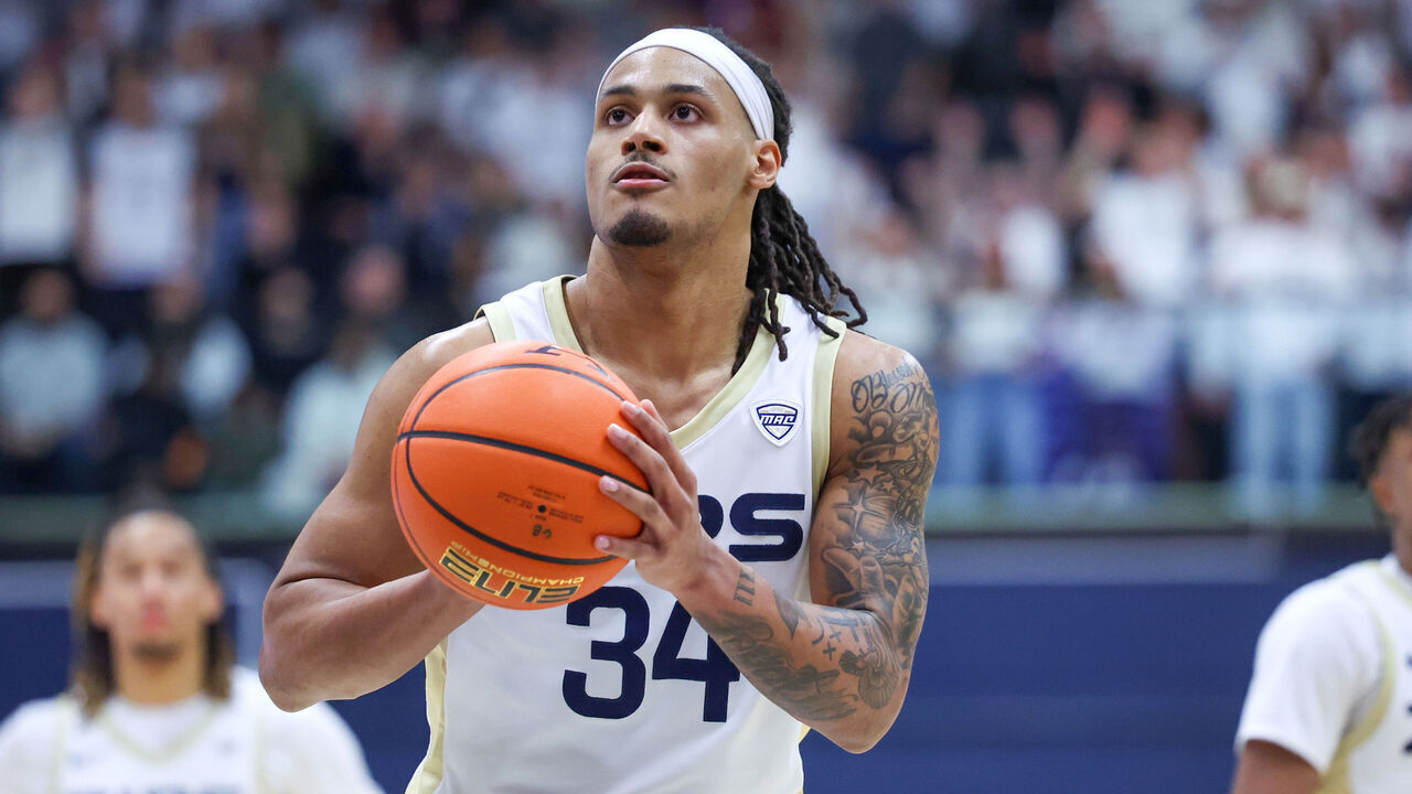 AKRON, OH - FEBRUARY 28: Akron Zips guard Nate Johnson (34) at the foul line during the second half of the men's college basketball game between the Kent State Golden Flashes and Akron Zips on February 28, 2025, at the James A. Rhodes Arena in Akron, OH.