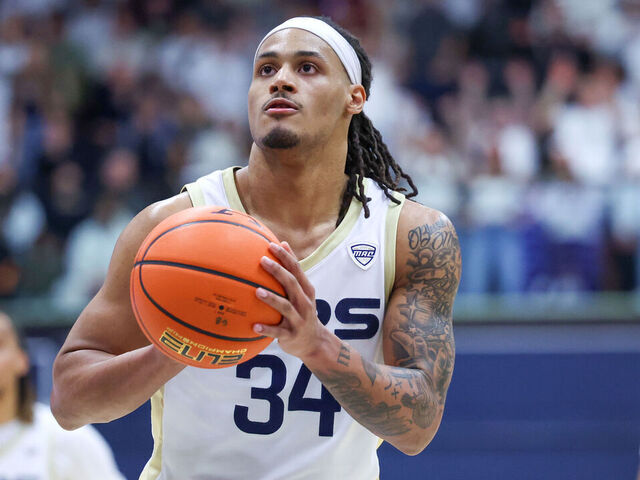 AKRON, OH - FEBRUARY 28: Akron Zips guard Nate Johnson (34) at the foul line during the second half of the men's college basketball game between the Kent State Golden Flashes and Akron Zips on February 28, 2025, at the James A. Rhodes Arena in Akron, OH.