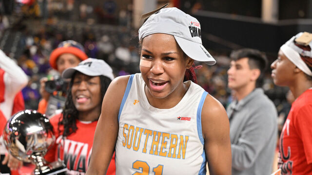COLLEGE PARK, GEORGIA - MARCH 15: Tionna Lidge #21 of Southern Jaguars celebrates after the 64-44 win over Alcorn State Lady Braves in the 2025 Southwestern Athletic Conference women's basketball tournament championship at Gateway Center Arena on March 15, 2025 in College Park, Georgia.