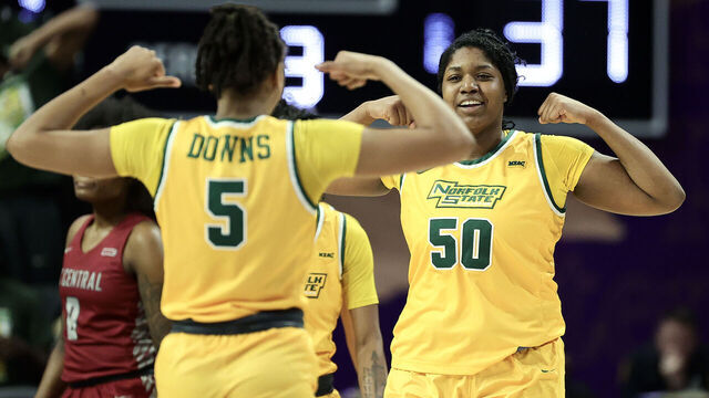NORFOLK, VIRGINIA - MARCH 10: Camille Downs #5 and Kierra Wheeler #50 of the Norfolk State Spartans reacts during the second half against the North Carolina Central Eagles during the 2023 MEAC Women's Basketball Tournament Semifinals at Norfolk Scope Arena on March 10, 2023 in Norfolk, Virginia.