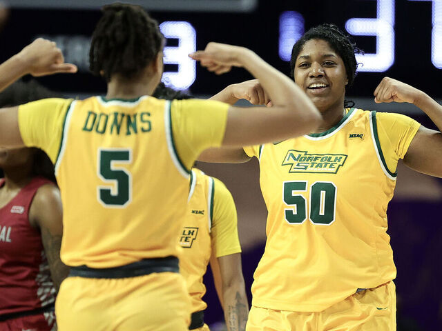 NORFOLK, VIRGINIA - MARCH 10: Camille Downs #5 and Kierra Wheeler #50 of the Norfolk State Spartans reacts during the second half against the North Carolina Central Eagles during the 2023 MEAC Women's Basketball Tournament Semifinals at Norfolk Scope Arena on March 10, 2023 in Norfolk, Virginia.