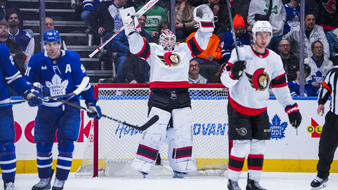 TORONTO, ON - MARCH 15: Linus Ullmark #35 of the Ottawa Senators celebrates after defeating the Toronto Maple Leafs at the Scotiabank Arena on March 15, 2025 in Toronto, Ontario, Canada.